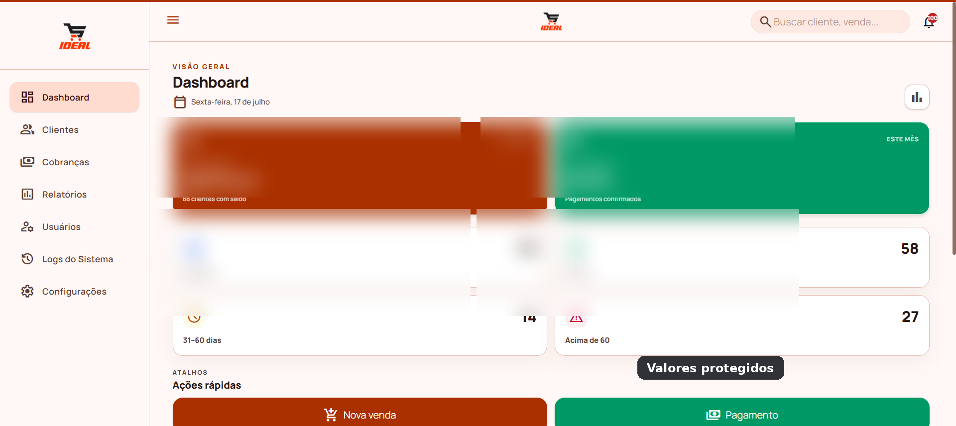 Dashboard do sistema de controle de fiados